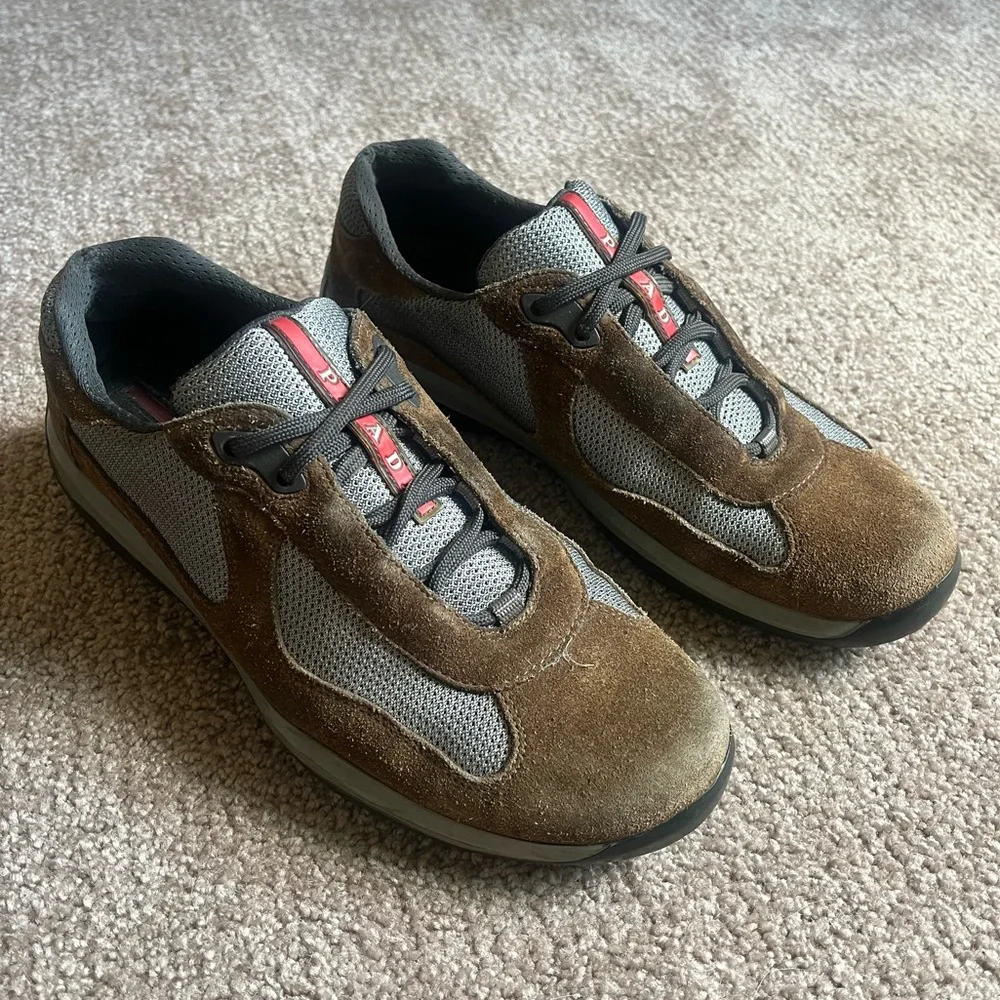 VTG 00s / Y2K Prada Americas Cup Brown Suede Leather Sneakers - Picture 4 of 7